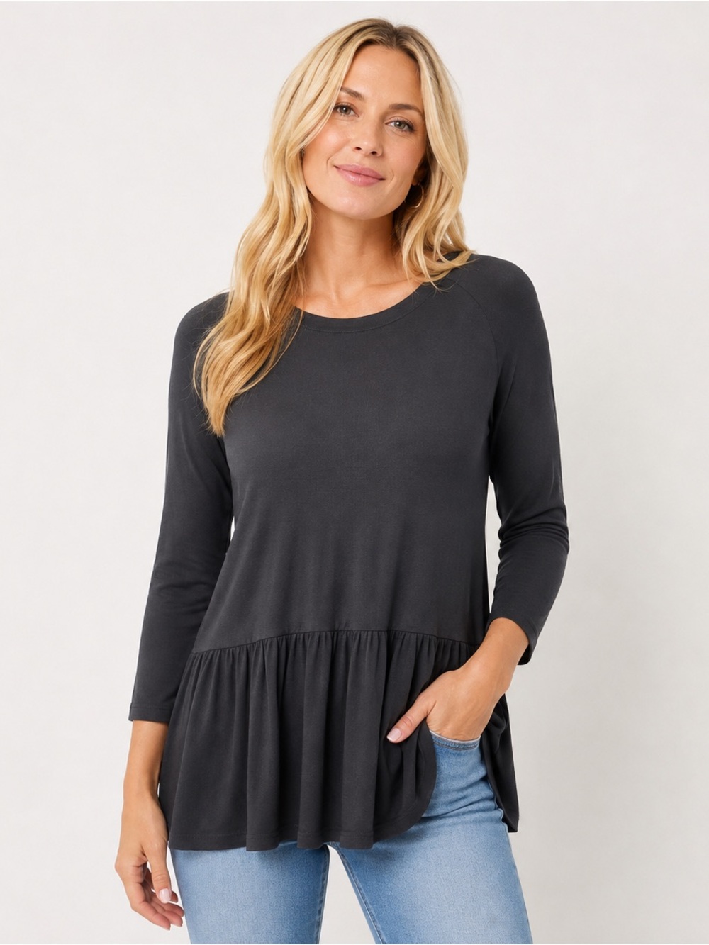 Boden Black Stretch Knit Top Peplum Pleat Flounce Hem 3/4 Sleeves A-line Size L